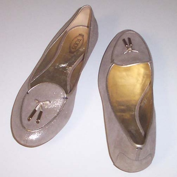 NEW TOD'S Dee gold tone shimmery suede flat 39 - Picture 3 of 6